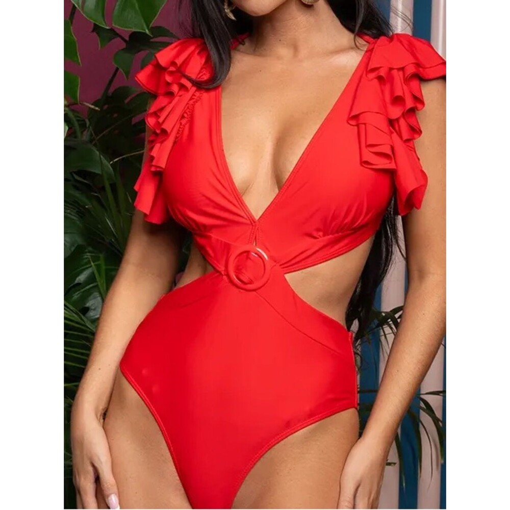 Red Ruffle Shoulder Cutout One-Piece Swimsuit NEW Medium